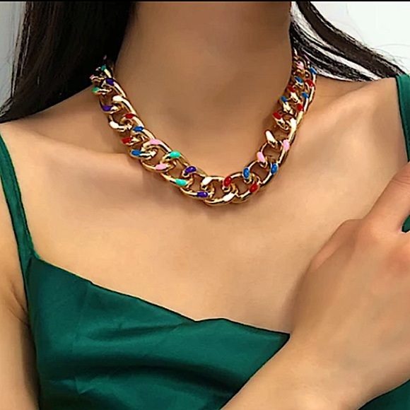Color Block Gold Plated Chain Link Necklace - Picture 2 of 12